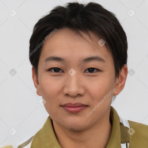 Joyful asian young-adult female with short  brown hair and brown eyes