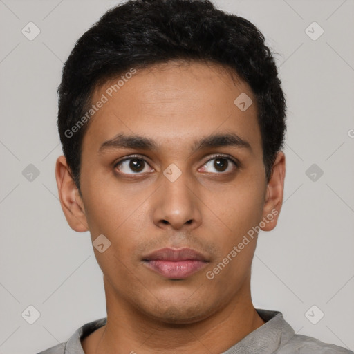 Neutral latino young-adult male with short  black hair and brown eyes