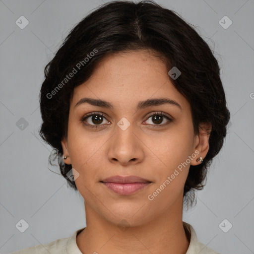 Joyful latino young-adult female with medium  brown hair and brown eyes