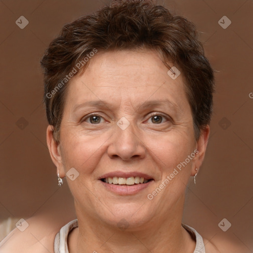 Joyful white adult female with short  brown hair and brown eyes