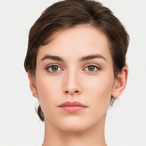 Neutral white young-adult female with medium  brown hair and brown eyes