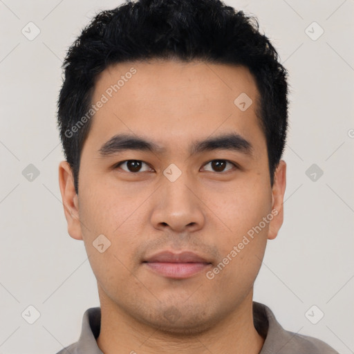 Neutral asian young-adult male with short  black hair and brown eyes