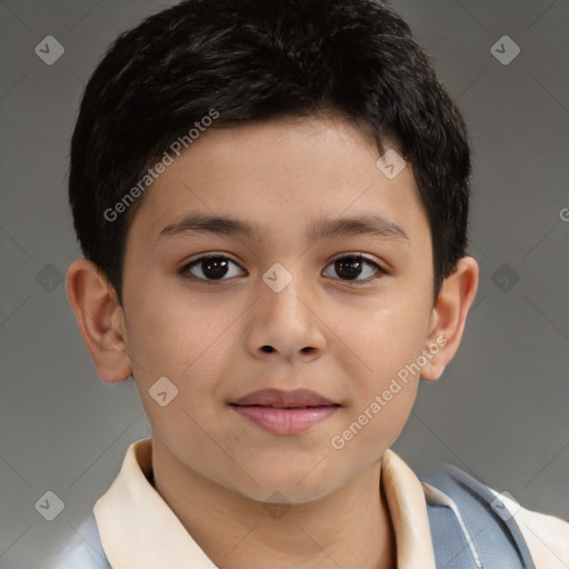 Joyful white child male with short  brown hair and brown eyes