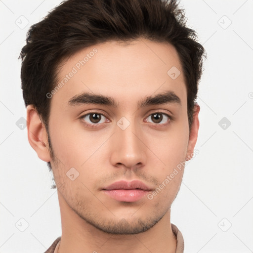 Neutral white young-adult male with short  brown hair and brown eyes