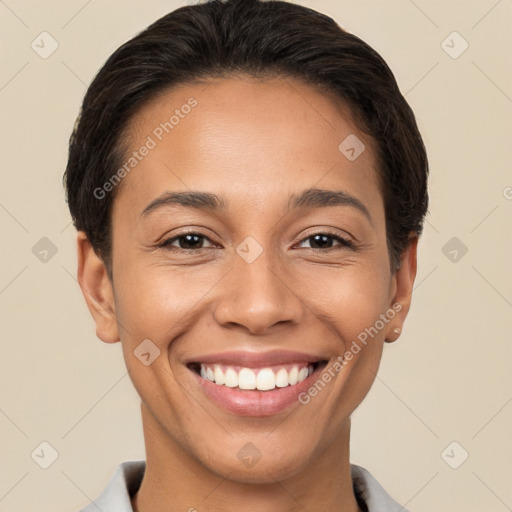 Joyful white young-adult female with short  brown hair and brown eyes