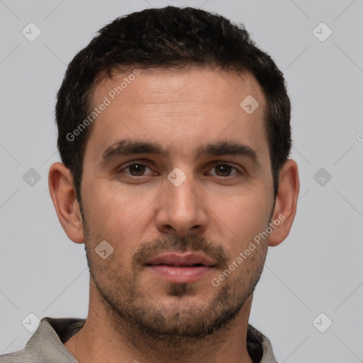 Neutral white young-adult male with short  brown hair and brown eyes