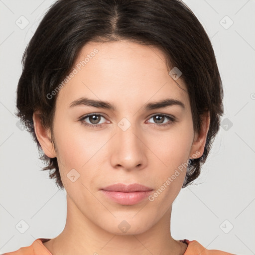 Neutral white young-adult female with medium  brown hair and brown eyes