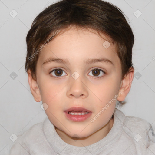 Joyful white child female with short  brown hair and brown eyes