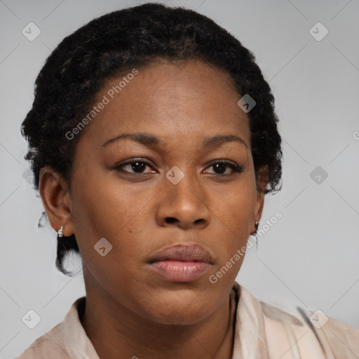 Neutral black young-adult female with short  brown hair and brown eyes