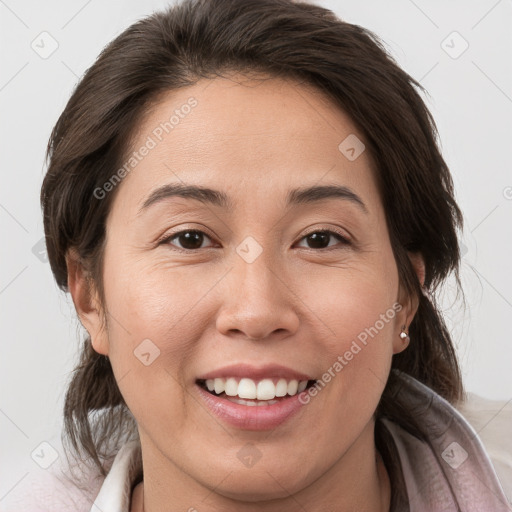 Joyful white young-adult female with medium  brown hair and brown eyes