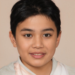 Joyful asian child male with short  brown hair and brown eyes