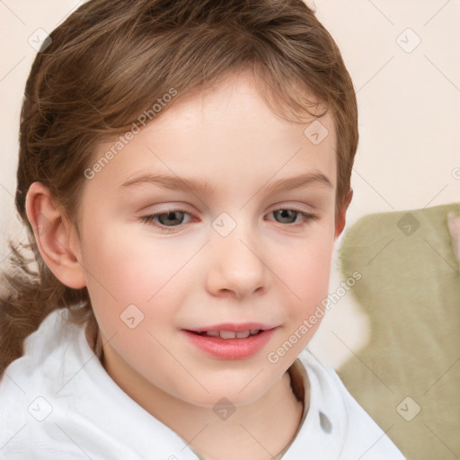 Joyful white child female with short  brown hair and brown eyes