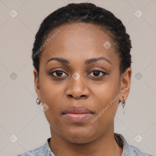 Neutral black young-adult female with short  black hair and brown eyes