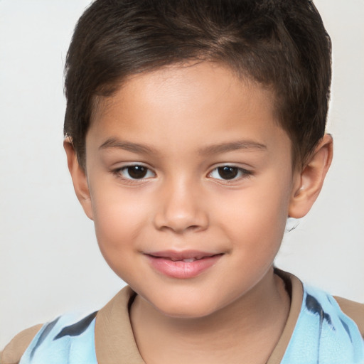 Joyful white child female with short  brown hair and brown eyes