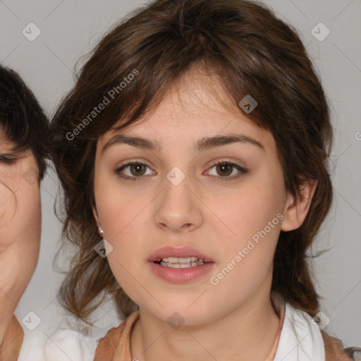 Neutral white young-adult female with medium  brown hair and brown eyes