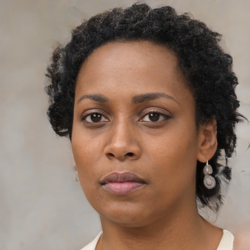 Neutral black young-adult female with short  black hair and brown eyes