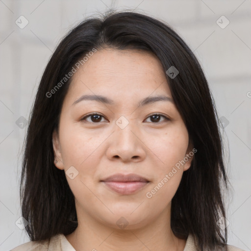 Joyful white young-adult female with medium  brown hair and brown eyes