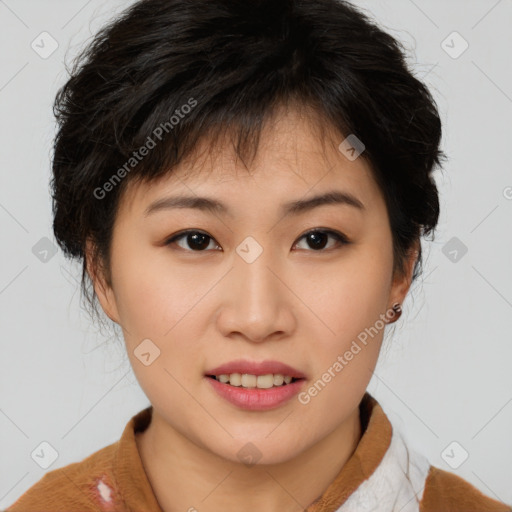 Joyful asian young-adult female with short  brown hair and brown eyes