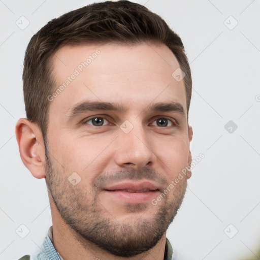 Neutral white young-adult male with short  brown hair and brown eyes