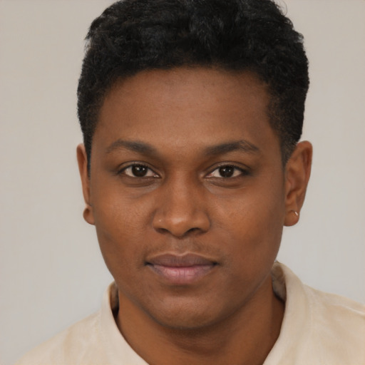 Neutral black young-adult male with short  black hair and brown eyes