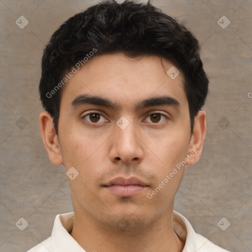 Neutral asian young-adult male with short  black hair and brown eyes