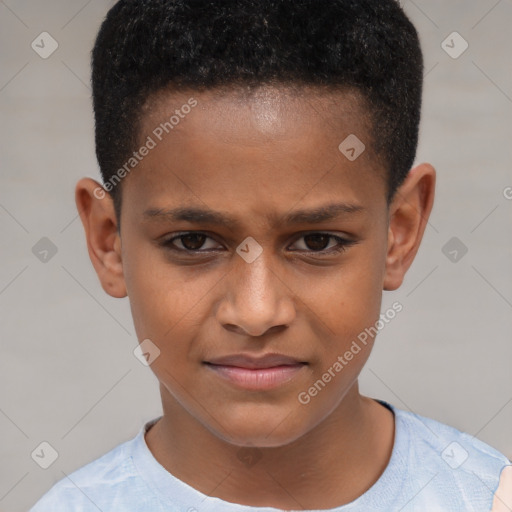 Joyful white child male with short  brown hair and brown eyes