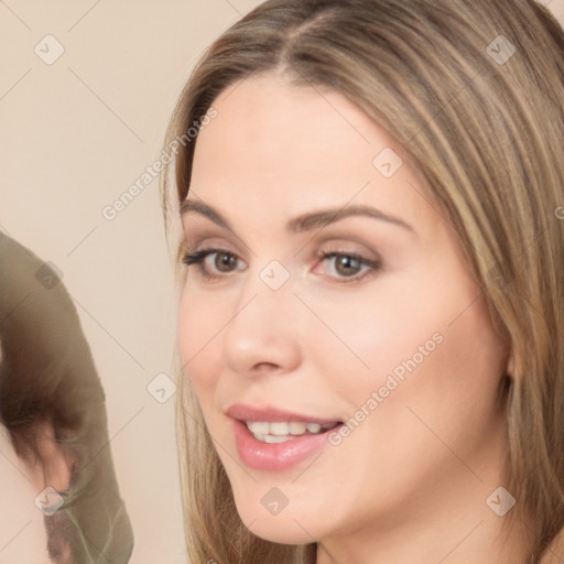 Neutral white young-adult female with long  brown hair and brown eyes