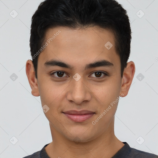 Joyful latino young-adult male with short  brown hair and brown eyes