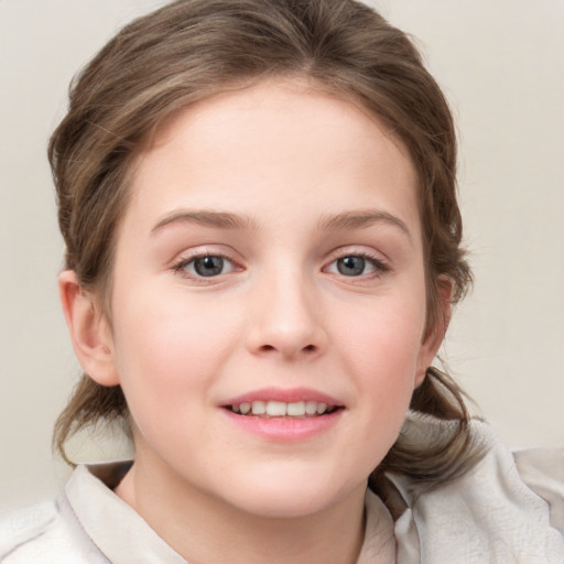 Joyful white child female with medium  brown hair and blue eyes