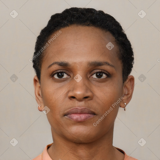 Neutral black young-adult female with short  black hair and brown eyes