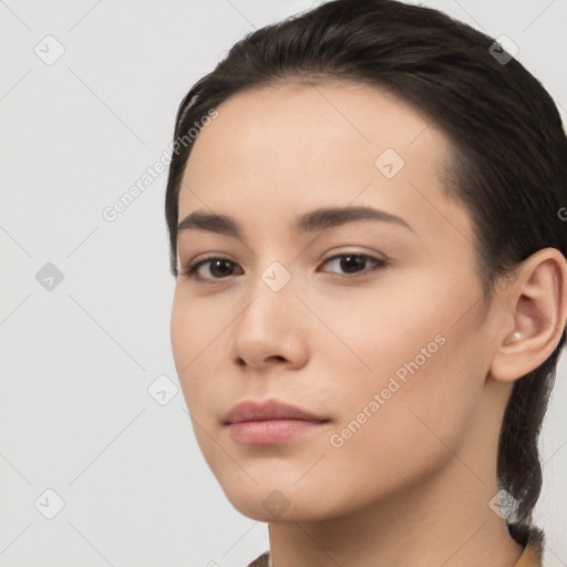 Neutral white young-adult female with short  brown hair and brown eyes