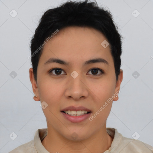 Joyful asian young-adult female with short  brown hair and brown eyes
