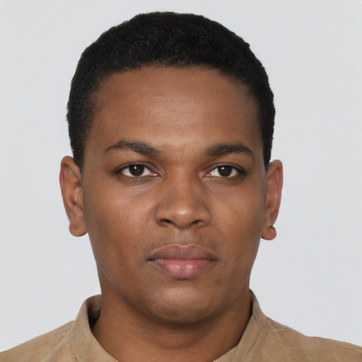Neutral black young-adult male with short  black hair and brown eyes