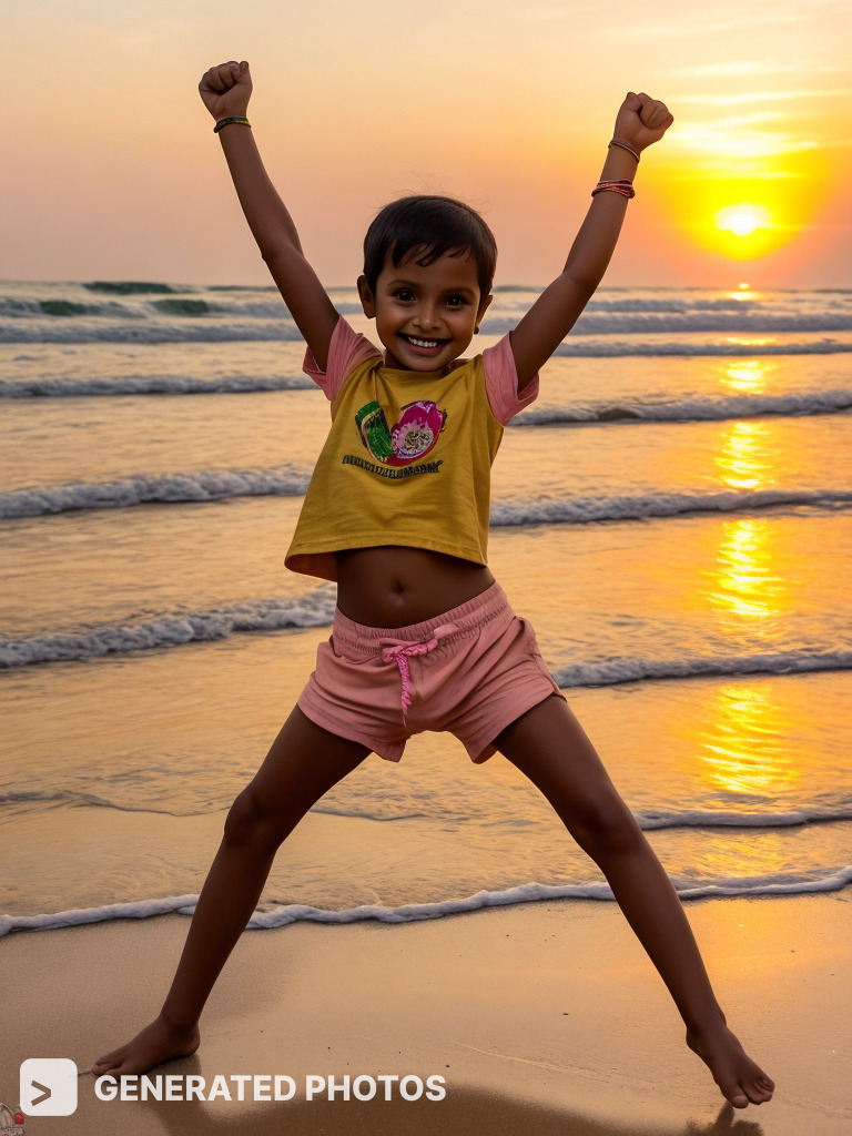 Happy smiling girl dancing on the calm beach on the sunset