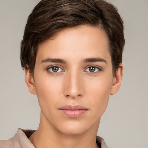 Neutral white young-adult female with short  brown hair and brown eyes