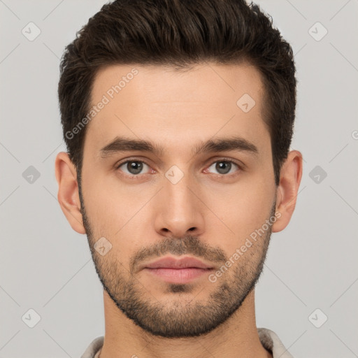 Neutral white young-adult male with short  brown hair and brown eyes