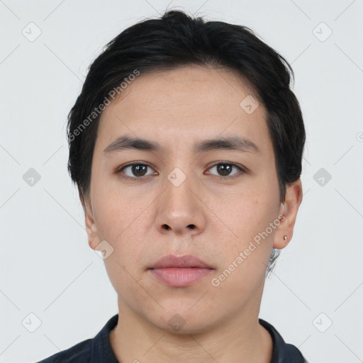 Neutral asian young-adult male with short  black hair and brown eyes