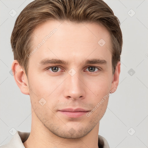 Neutral white young-adult male with short  brown hair and grey eyes