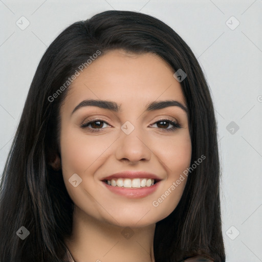 Joyful latino young-adult female with long  black hair and brown eyes