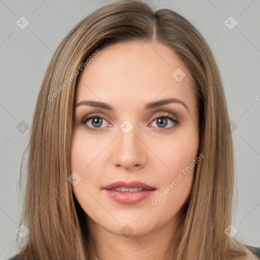 Neutral white young-adult female with long  brown hair and brown eyes