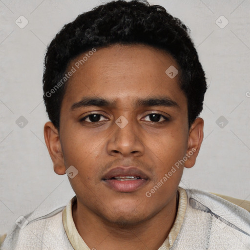 Neutral latino young-adult male with short  black hair and brown eyes