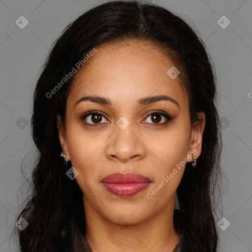 Joyful latino young-adult female with long  brown hair and brown eyes