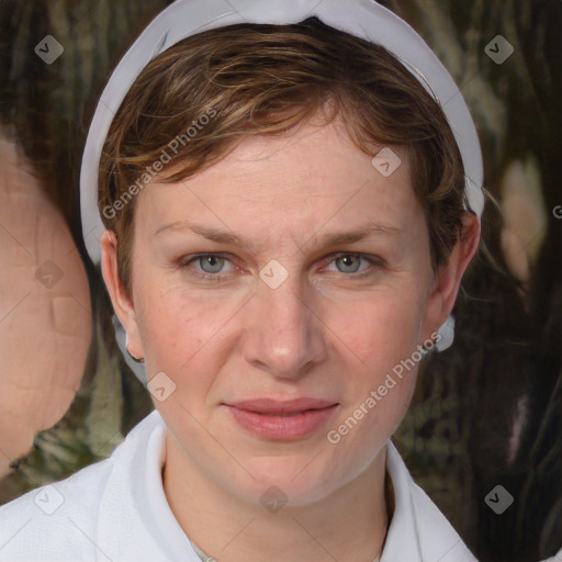 Joyful white adult female with medium  brown hair and grey eyes