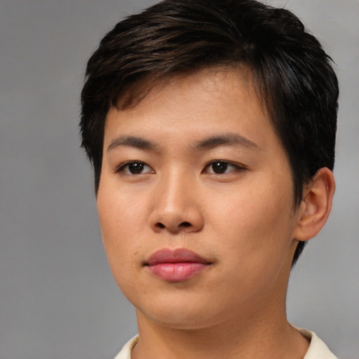 Neutral asian young-adult female with short  brown hair and brown eyes
