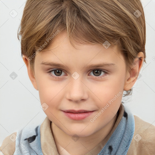 Joyful white child female with medium  brown hair and brown eyes