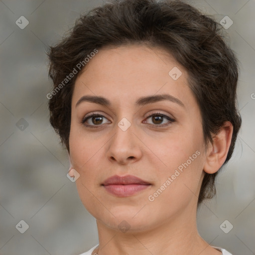 Neutral white young-adult female with medium  brown hair and brown eyes