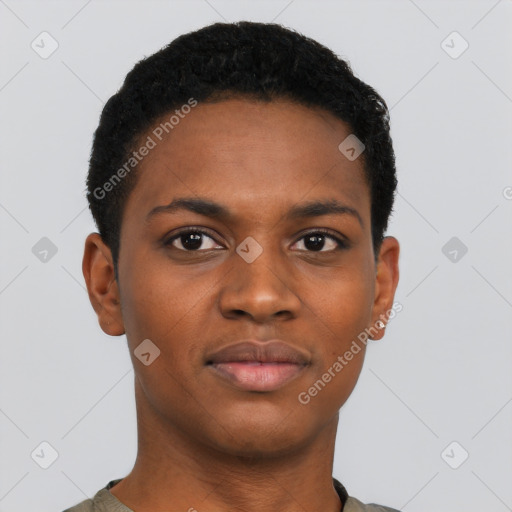 Neutral black young-adult female with short  black hair and brown eyes