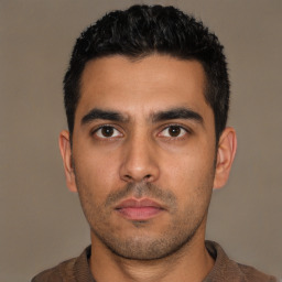 Neutral latino young-adult male with short  black hair and brown eyes