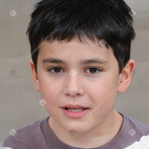 Joyful white child male with short  brown hair and brown eyes