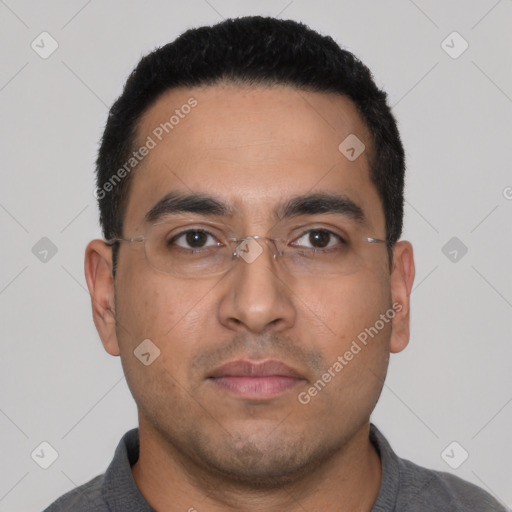 Neutral latino young-adult male with short  black hair and brown eyes